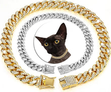 Load image into Gallery viewer, Luxury Gold Cat Necklace Jewelry Rhinestone Pet Cuban Chain Collar Kitten Doggie Wedding Prom Costume Accessories for Cats Puppy